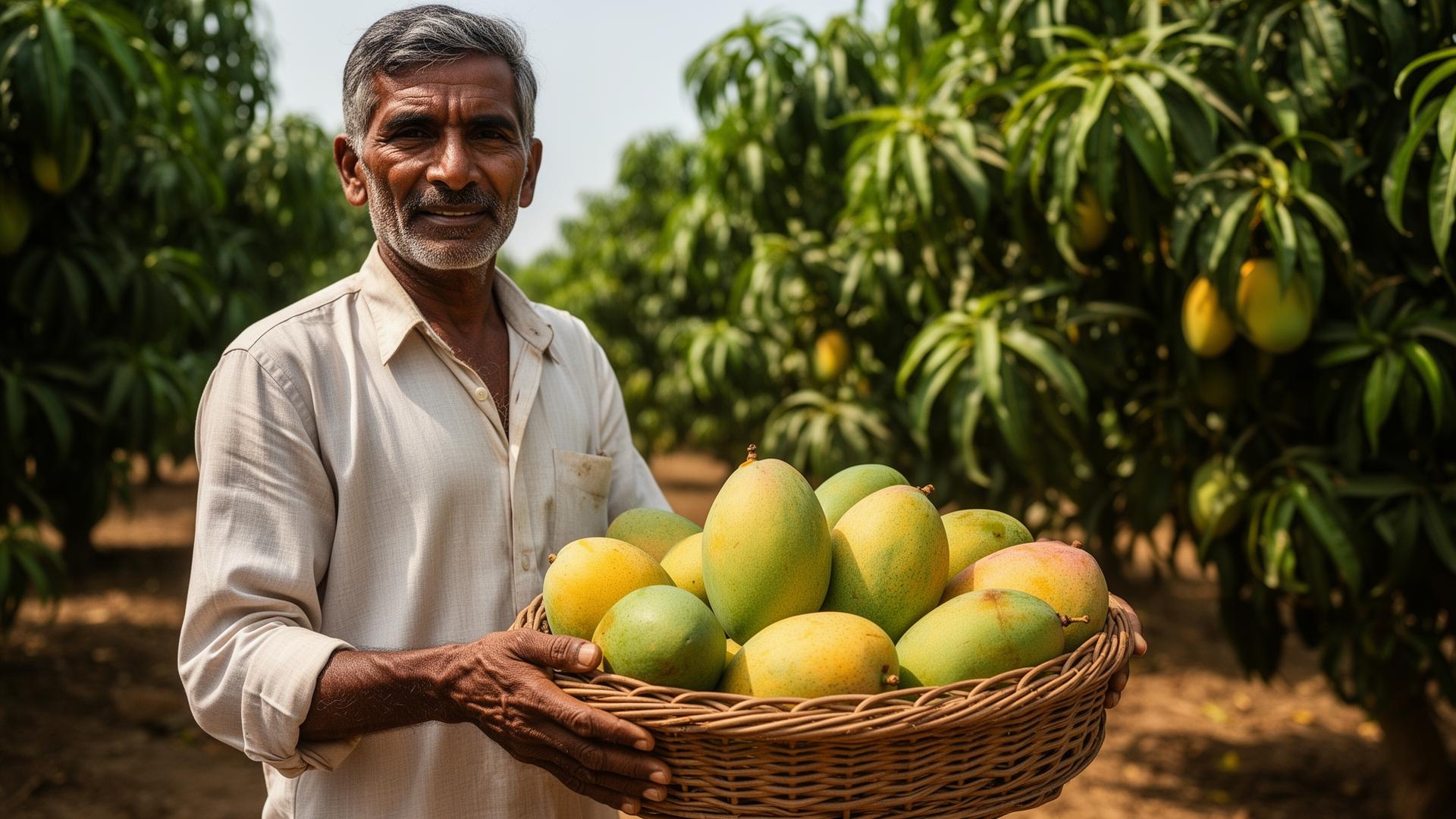 Farmer with fresh mangoes